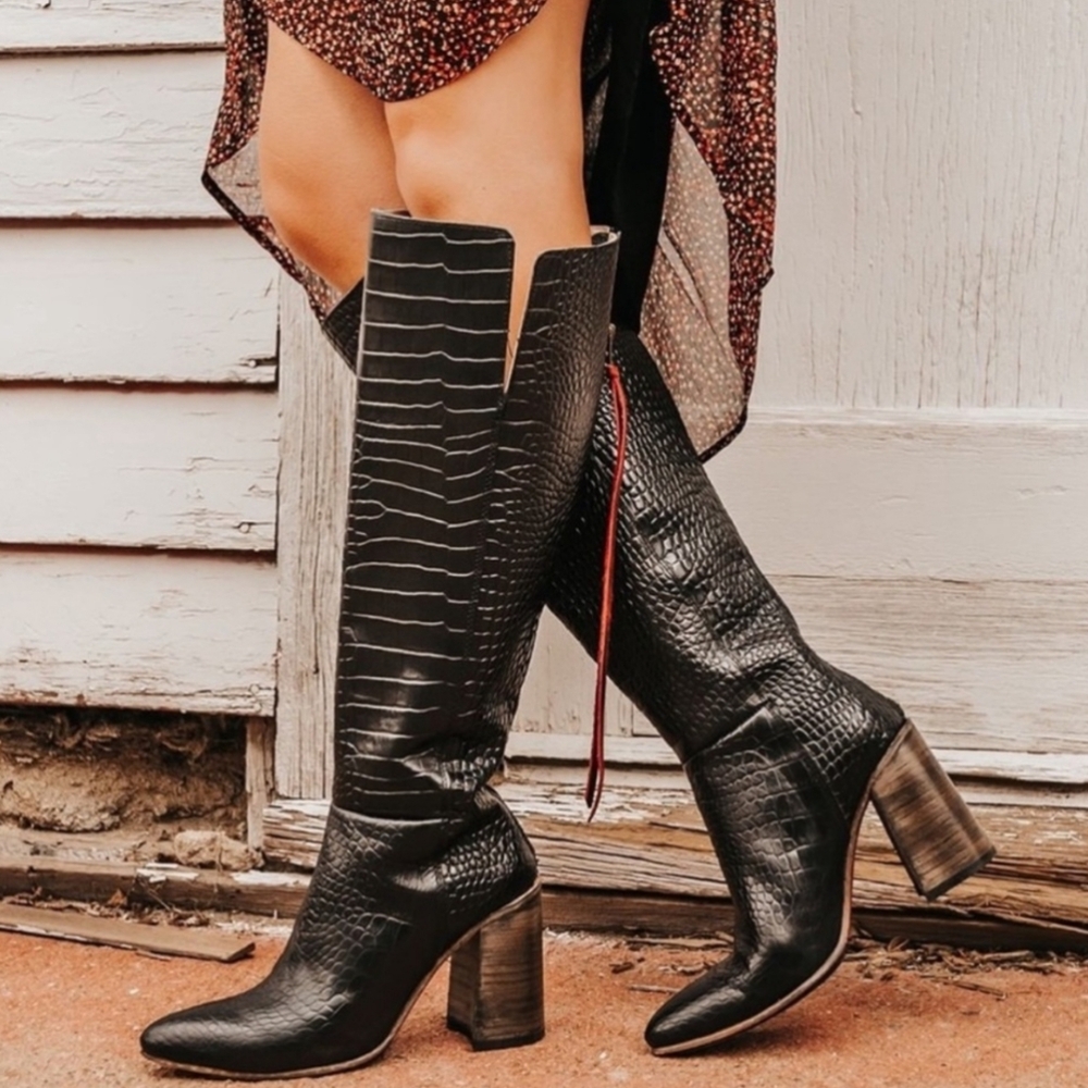 Freebird Jasper Leather Croc Embossed Tall Boots